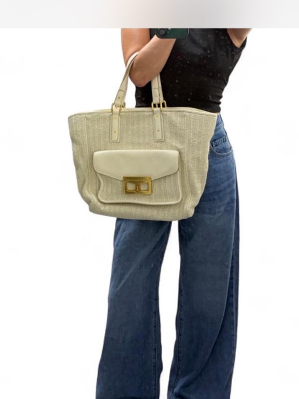 Cream Structured Tote Bag with Front Flap Pocket